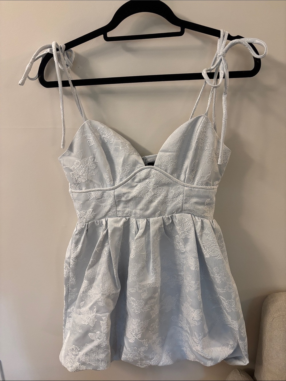 Cider Light Blue Floral Jacquard Tie-Shoulder Babydoll Dress
